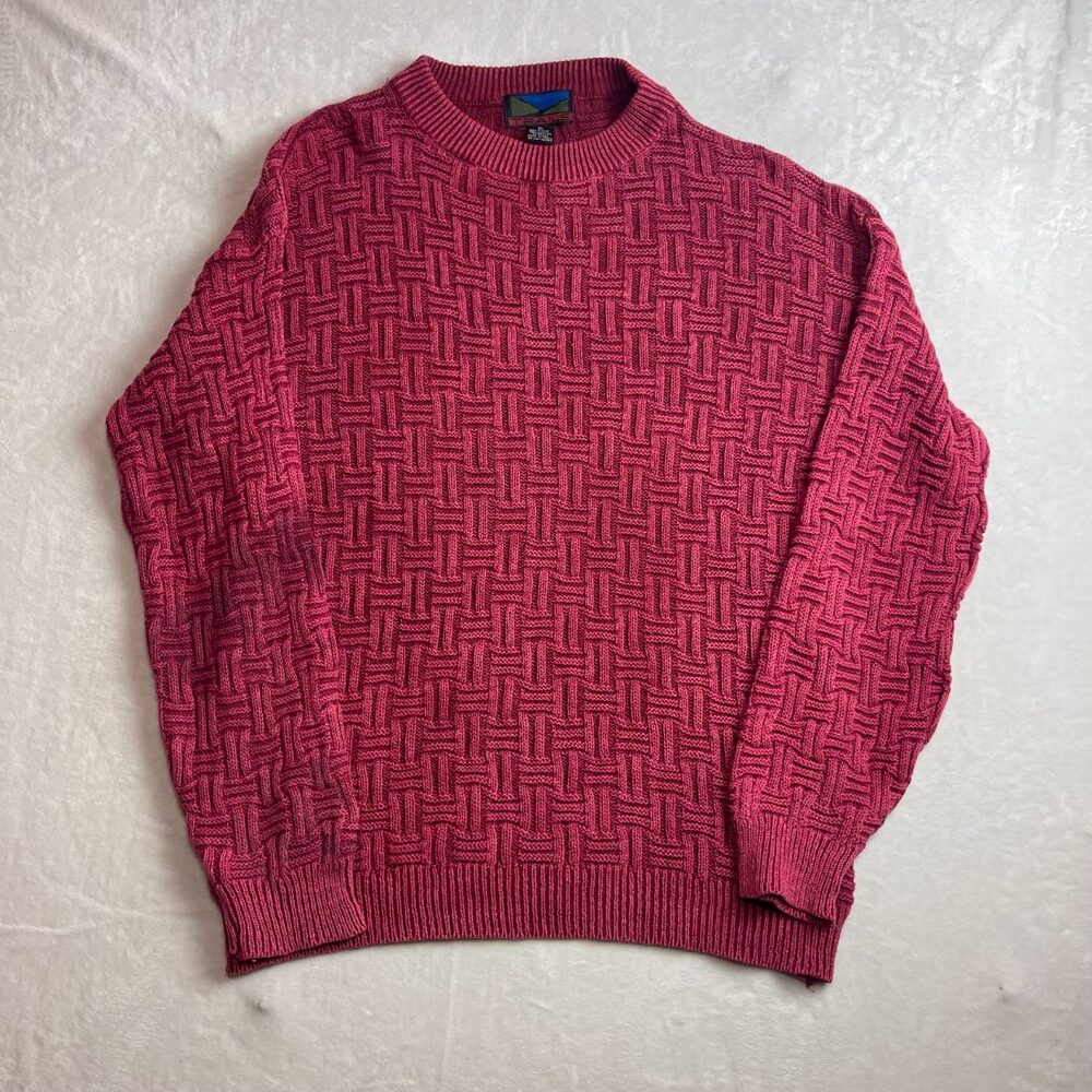 TRAILS Men's Red Basketweave Knit Sweater Size XL 90s Ramie Cotton